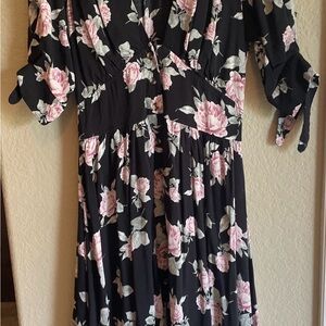 Free People Black and Pink Floral Midi Dress